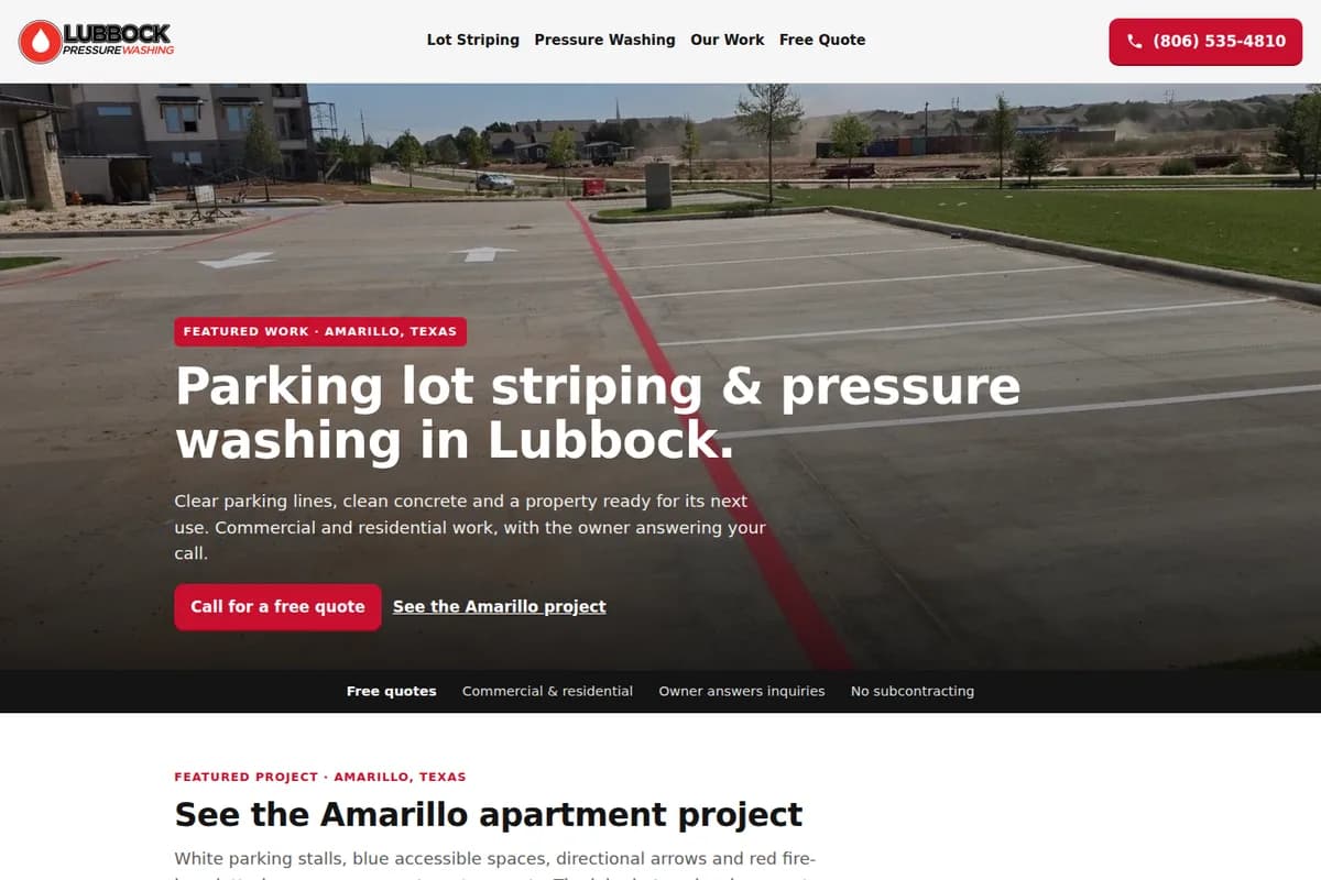Lubbock Pressure Washing's launched website, showing parking lot striping and real Amarillo project photos